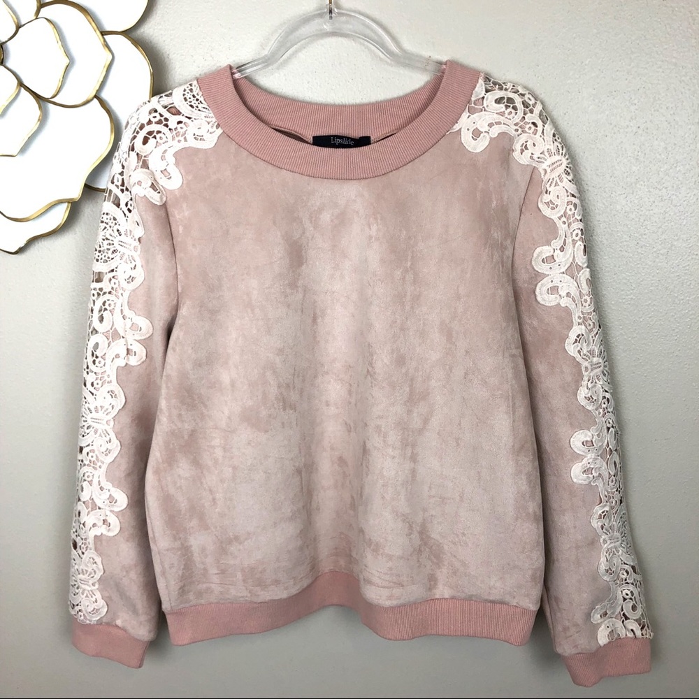 Lipslide micro suede sweatshirt crochet arms